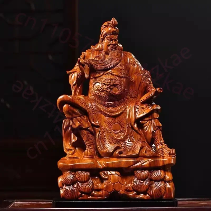 Rosewood Scholar Guan Yu Statue - Chinese Wealth God Sculpture for Home & Office, Reading Pose Feng Shui Decor