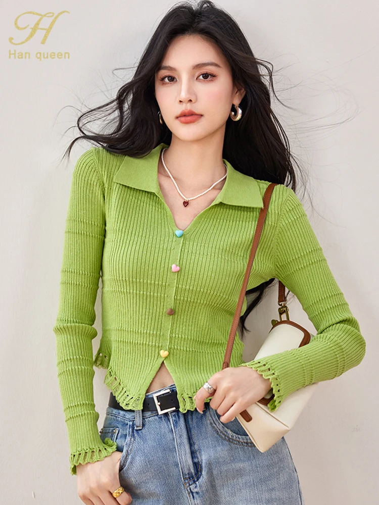 H Han Queen 2024 Autumn Long Sleeve Basic T-Shirts Women Elegant Vintage Simple Casual Tops Korean Knitting Tees Woman Clothing