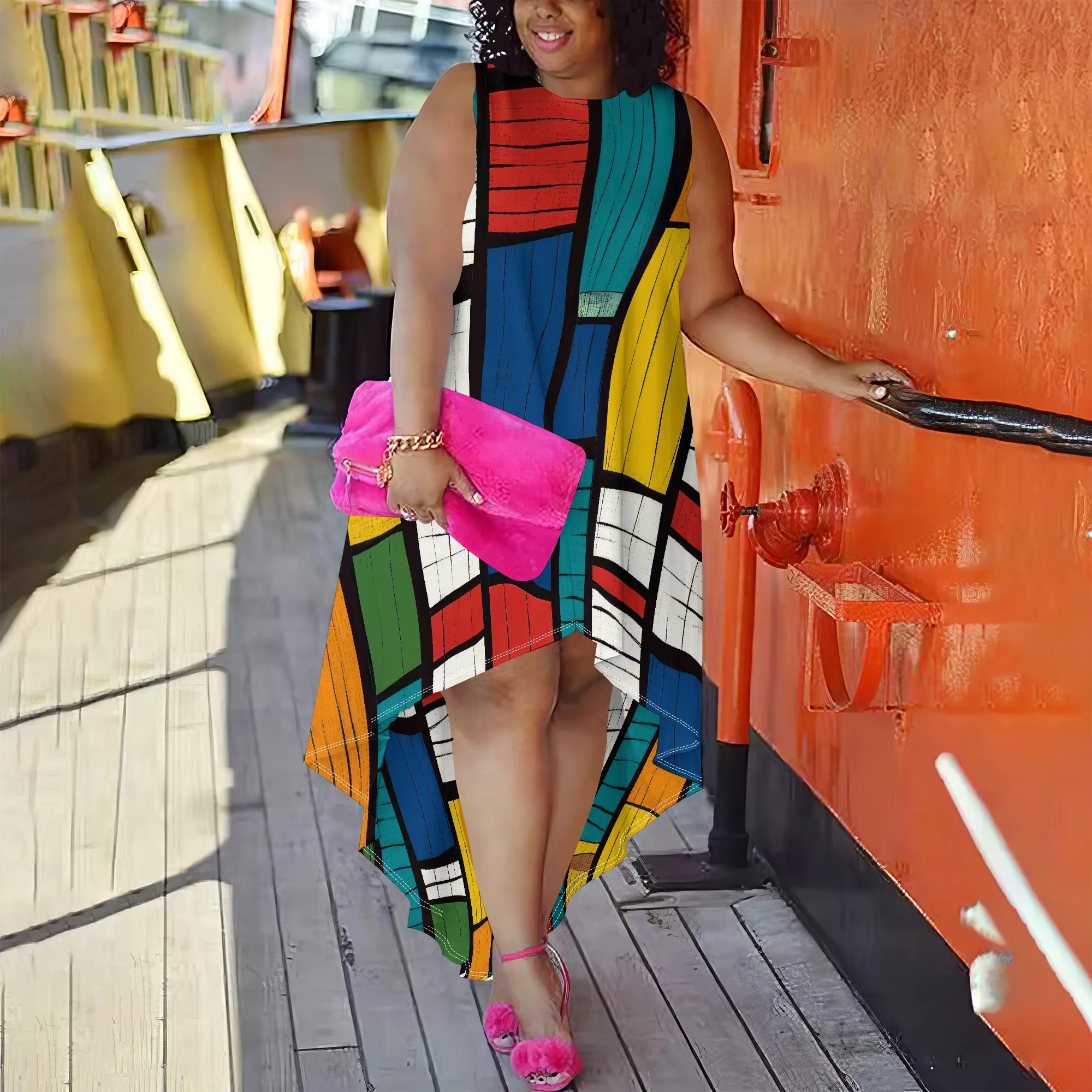 Plus Size Sleeveless Colorful Geometric Print High-Low Dress for Women, Casual Elegant Dress for Spring