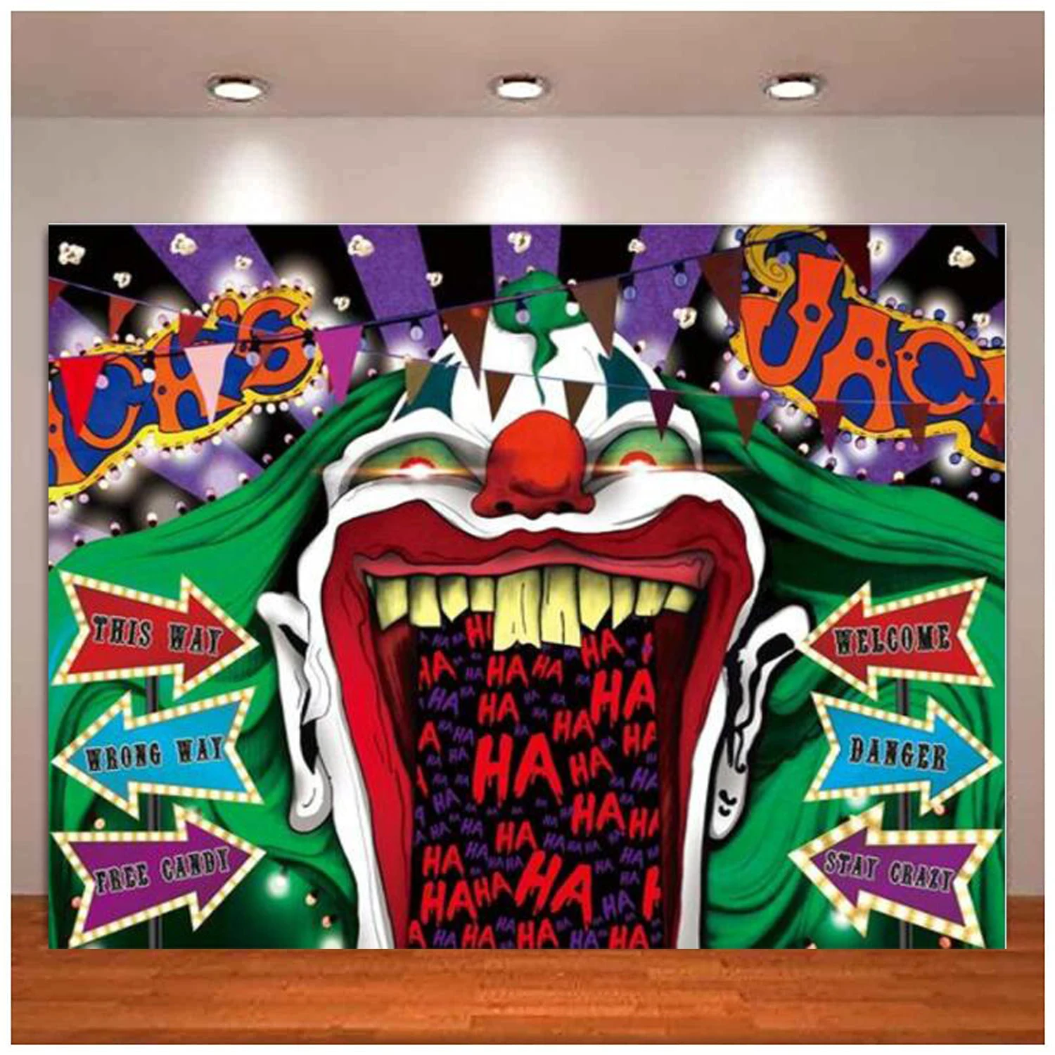 

Horror Circus Halloween Photography Backdrop Purple Stripes Giant Evil Joker Clown Entrance Kids Birthday Party Decor Background