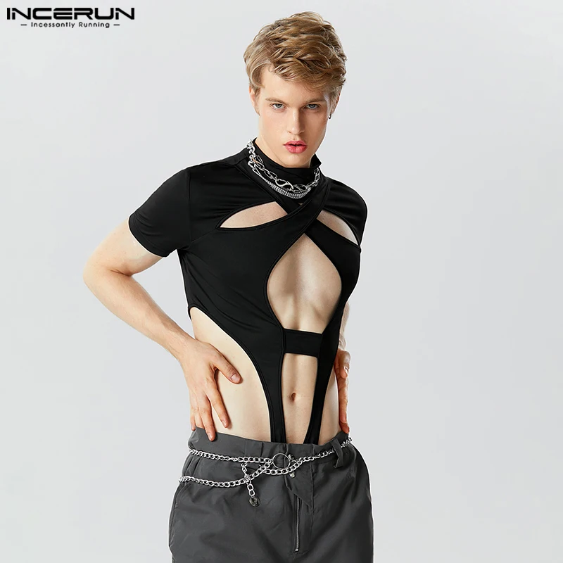 Fashion Casual Men Homewear Jumpsuits INCERUN Symmetric Hollow Design Short Sleeve Half High Neck Solid Triangle Bodysuits S-5XL