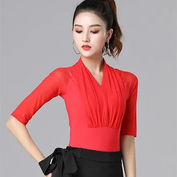 여성용 우아한 슬림핏 삼바 탱고 라틴 롬퍼, 플라멩고 댄스 스포츠 코스튬 탑, 단색 라인 메쉬 패치워크 의류 