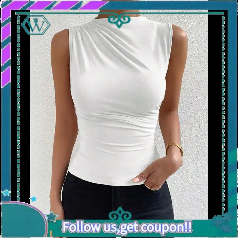 A09P Canottiera da lavoro slim fit senza maniche con scollo a lupetto increspato casual da donna