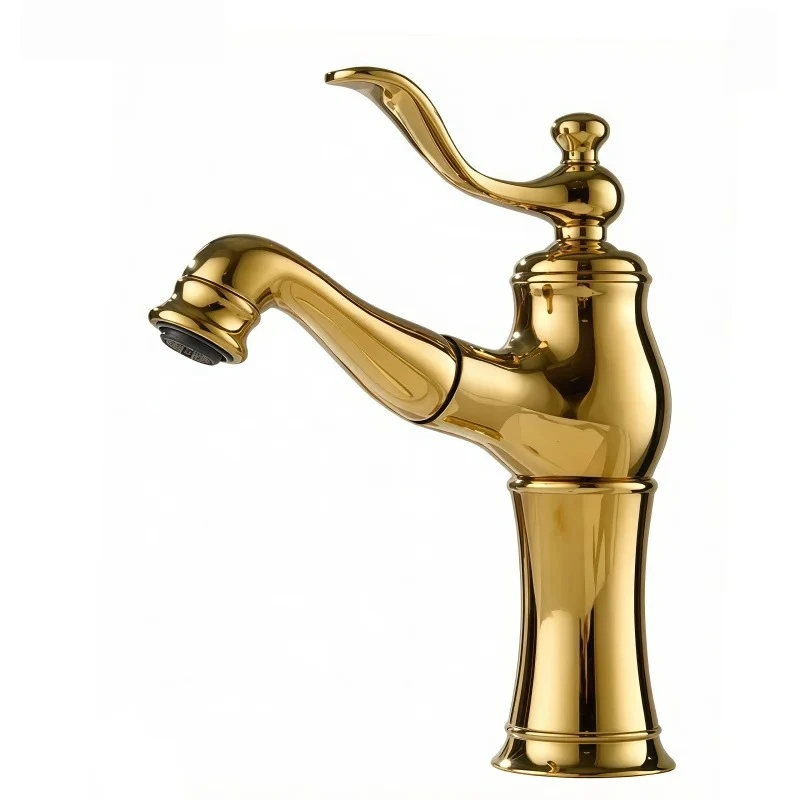 French Retro Brass Pull-Out Faucet for Home Bathroom Under-Counter Basin Hot and Cold Water Faucet Anti-Splash