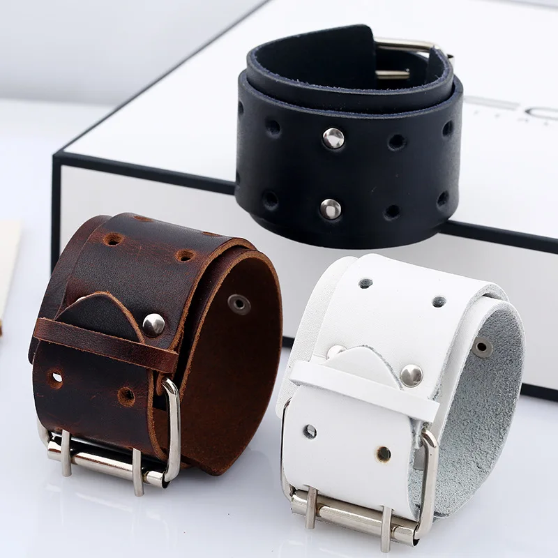 Genuine Leather Bracelet for Men Women Jewelry Wristband Leather Wide Bracelets Rock Punk Men Woman Leather Goth Bracelet