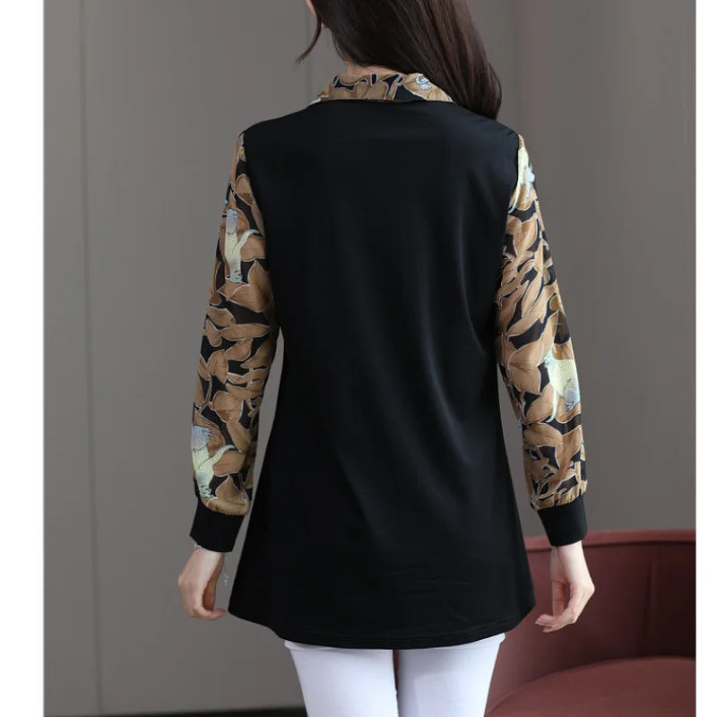 Autumn and Winter Oversize Versatile Commuting Women's Clothing Splice Button Printed POLO Collar Long Sleeve Pullover Shirt