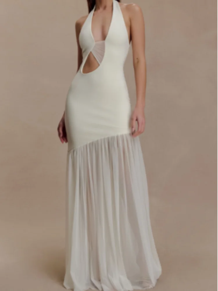 

Lady Vacation Party Gown Elegant Gauze Patchwork Halter Dress Women Sexy Sleeveless Hollow Out See Through Slim Long Robe