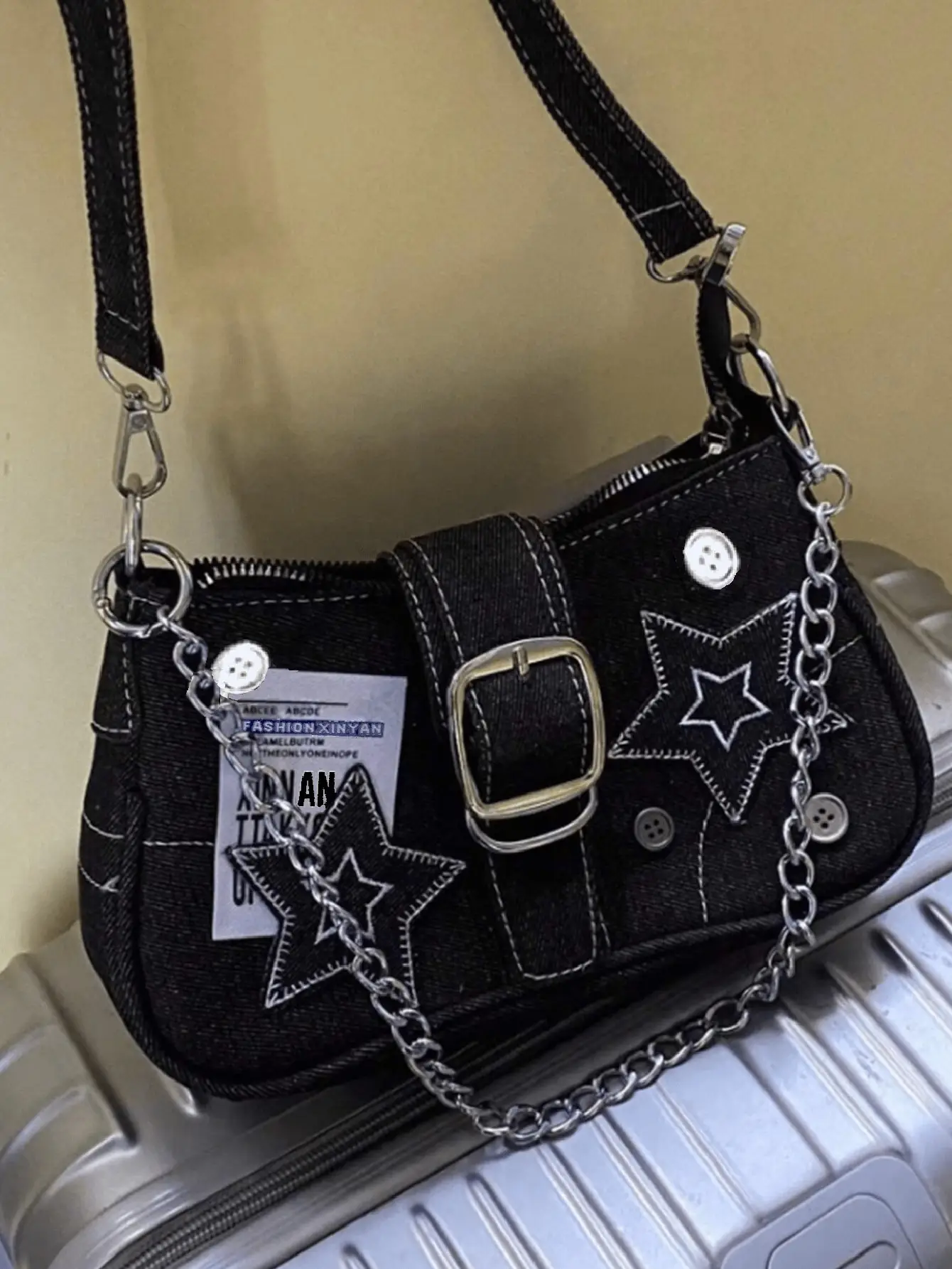 

Black Denim Mini Crossbody Bag with Star Embroidery, Chain Strap & Buckle Detail