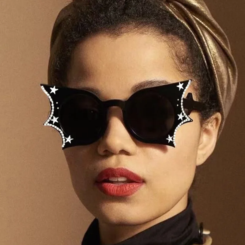 Hip Hop Stylish Women Sunglasses Bat Shape Rhinestone Decoration Sun glasses Female Stage Show Cool Sunglasses