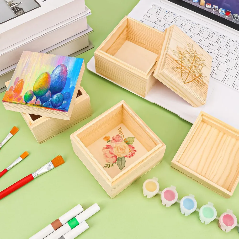 Caja de madera pequeña, caja de almacenamiento rectangular de pino, organizador de escritorio pintado a mano para joyería, pendientes, pulseras, perfumes