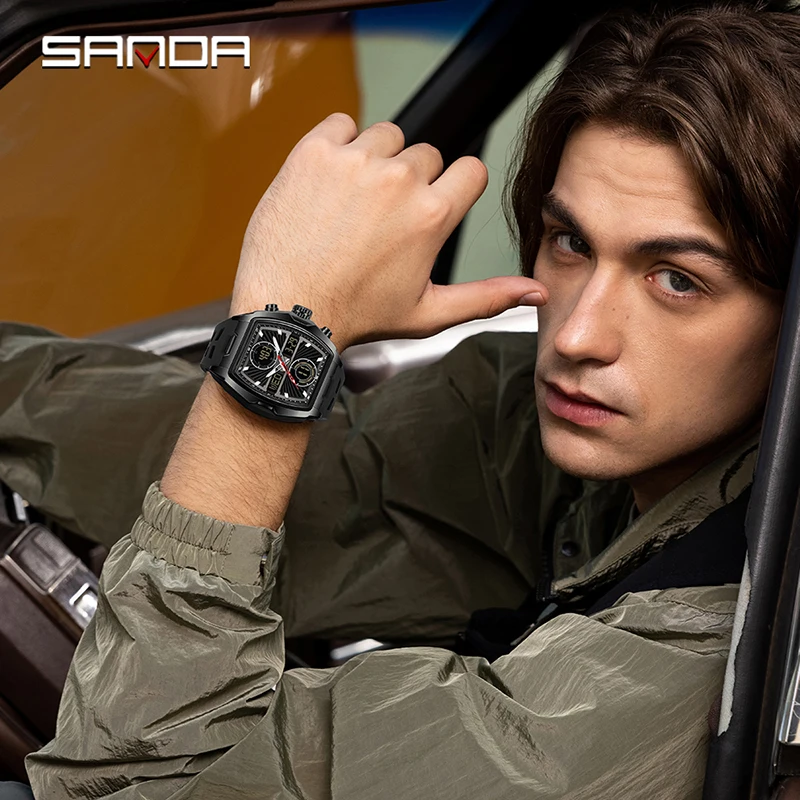 SANDA 6299 электронные кварцевые часы для мужчин, модный Tonneau-образный циферблат, светящиеся водонепроницаемые противоударные спортивные мужские цифровые часы