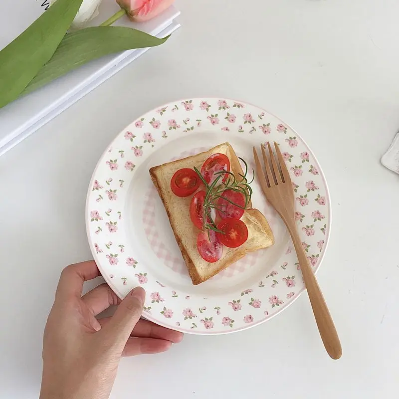 French Vintage Ceramic Dessert Plate Cake Hand Painted Floral Cute Lacework Rural Style Simple Breakfast Fruit Plate Kitchen