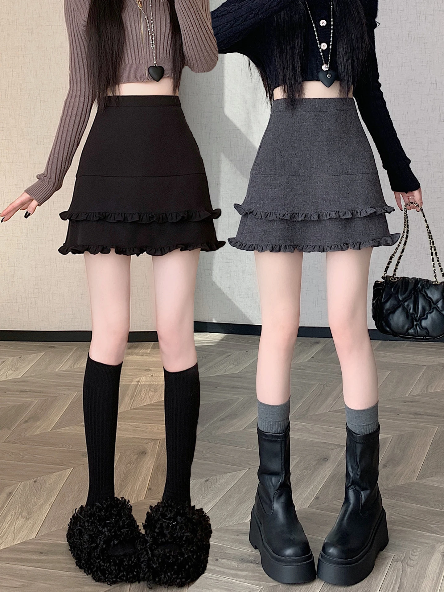 Koreanisches Design, hohe Taille, Wollrock für Damen, Frühherbst 2022, neuer Ohr-Look, Winter, vielseitiger A-Linien-Ortrock