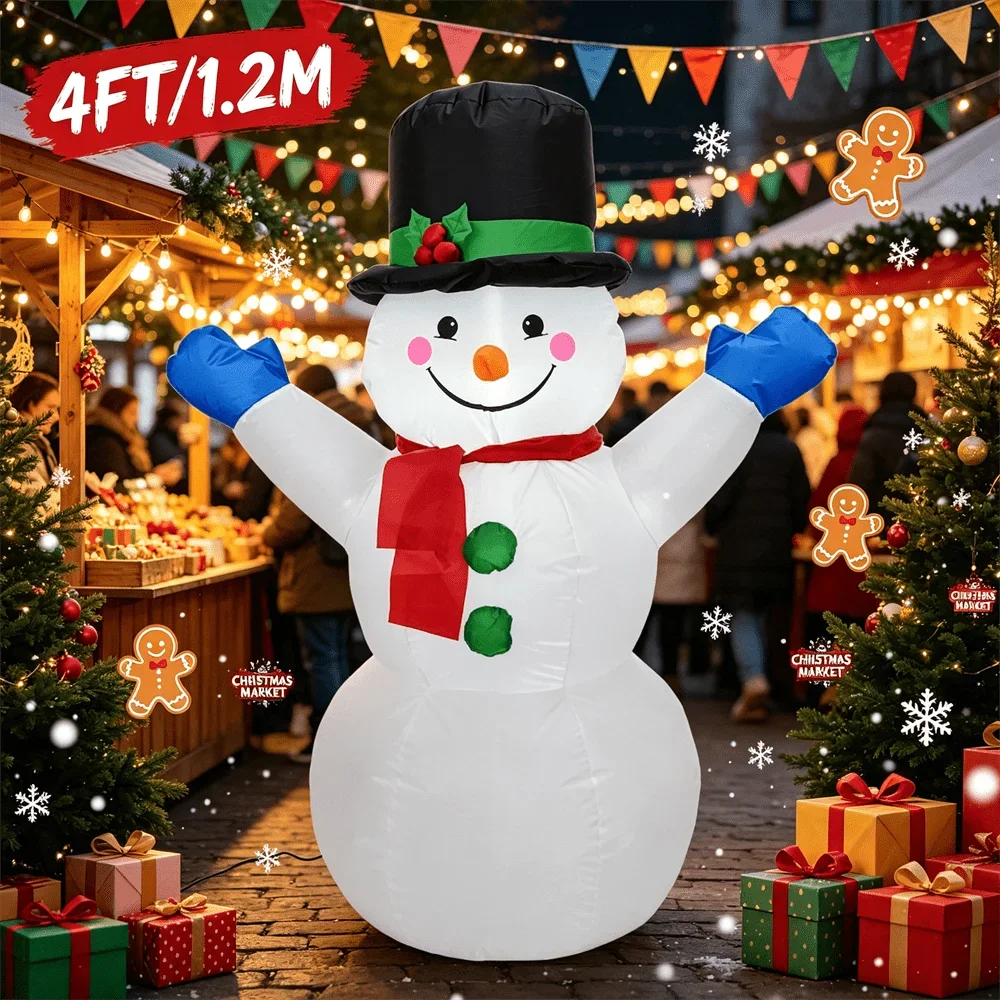 4FT/1.2M Christmas Inflatable Model Toy LED Light Up Open Arms Snowman with Carrot Nose Holiday Ornament Inflatable Yard Decor