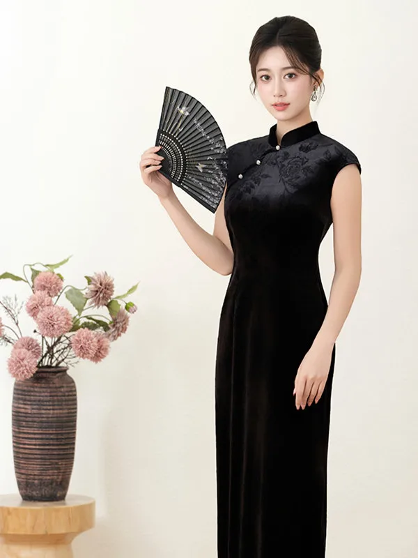 

Bla Stand Collar Svel Dr Women's Summer Slimming Vintage National Sle Improved Long Gown Ele