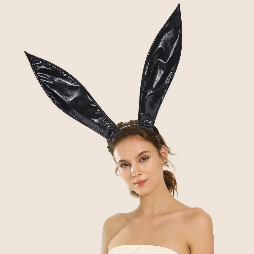 Sexy Bunny Maids Ears Headwear Cosplay Leather Rabbit Ear Hairband DJ Night Club Bar Headpiece Halloween Party Costume Props