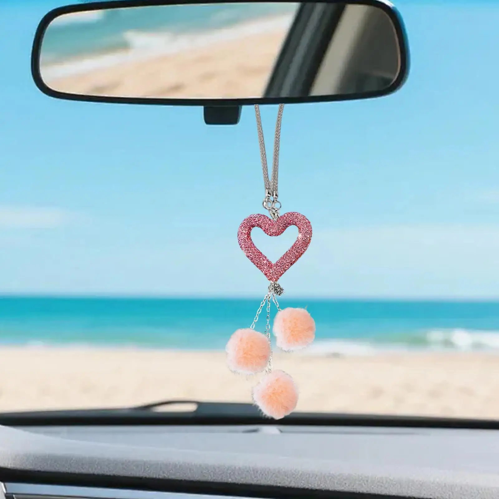

Автомобильный кулон-сердце для зеркала заднего вида с плюшевым шариком и блестками, украшение для автомобиля для женщин и девушек, для легковых и грузовых автомобилей