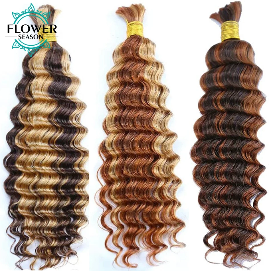 Bulk Human Hair For Braiding Highlight Deep Wave Hair bulk Double Drawn Wholesale Burmese Boho Braids Human Hair Bundles No Weft