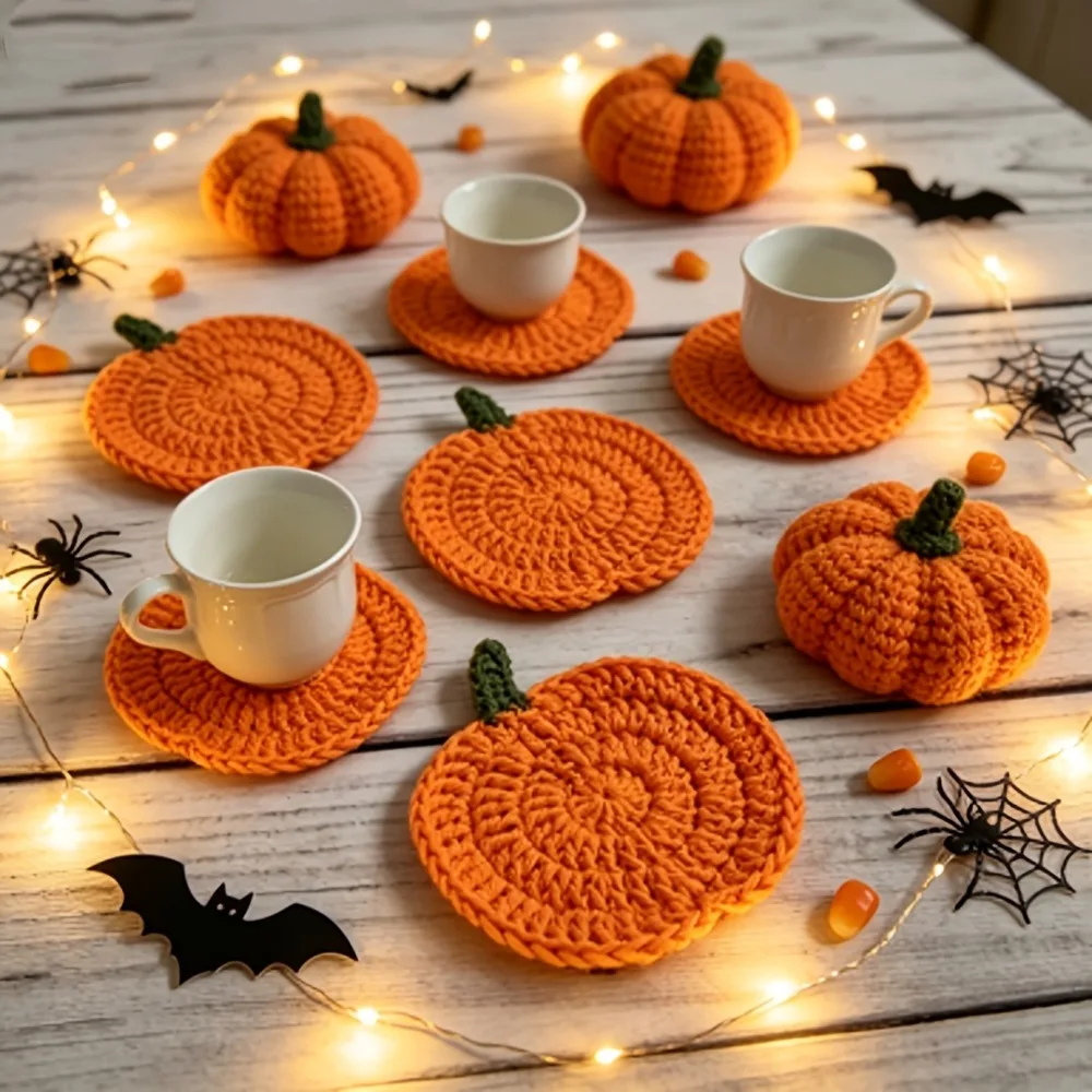 3‑6 Pcs Halloween Knit Pumpkin Cup Coasters Heat Insulation Table Mats Fall Harvest Thanksgiving Party Decor Favor Gifts