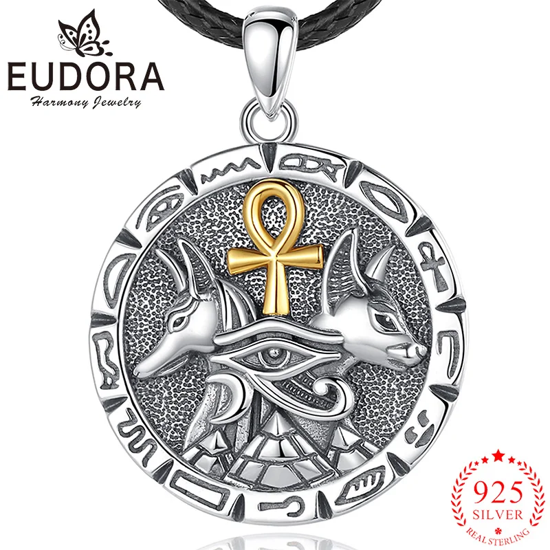 Eudora 925 Sterling Silver Egyptian Anubis Patron God Necklace Lucky Eye Vintage Wolf Pendant Men Women Personality Jewelry Gift