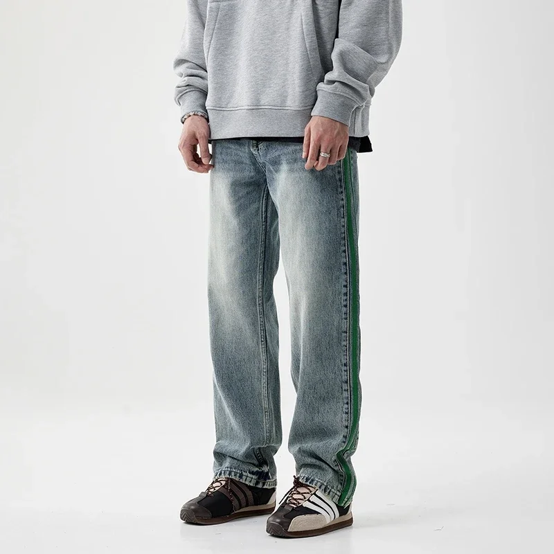 

Men's Vintage Washed Straight Leg Jeans Green Side Stripe Casual Denim Long Pants Loose Fit Streetwear Trousers New