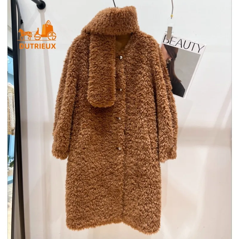 24 Winter New Fur Coat for Women, Fashionable Long Round Neck Teddy Bear Lamb Wool Coat with Scarf Loose Silhouette Warm Jacket