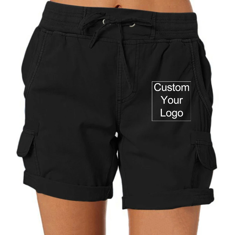 Women Logo Customized Shorts Elastic Cotton Linen Pocket Shorts Summer Beach Solid Color Sliming Comfot Breathable