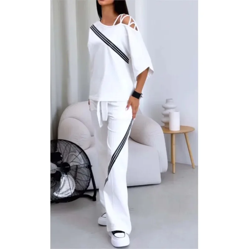 2025 nowych moda Off-shoulder z krótkim rękawem Top spodnie na co dzień dwuczęściowy strój sportowy wiosna lato elegancki WhiBear House 002