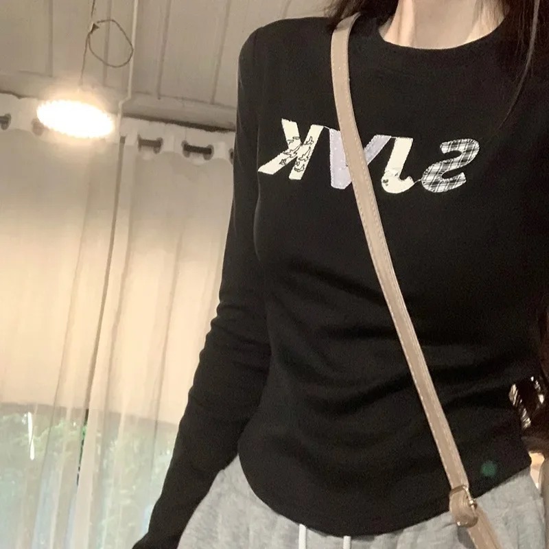 용수철 여성용 긴팔 레터 티셔츠, 올 매치 하이 스트리트 패션, 대학생 소녀 슬림 O-넥, 니치 캐주얼 영, 가을