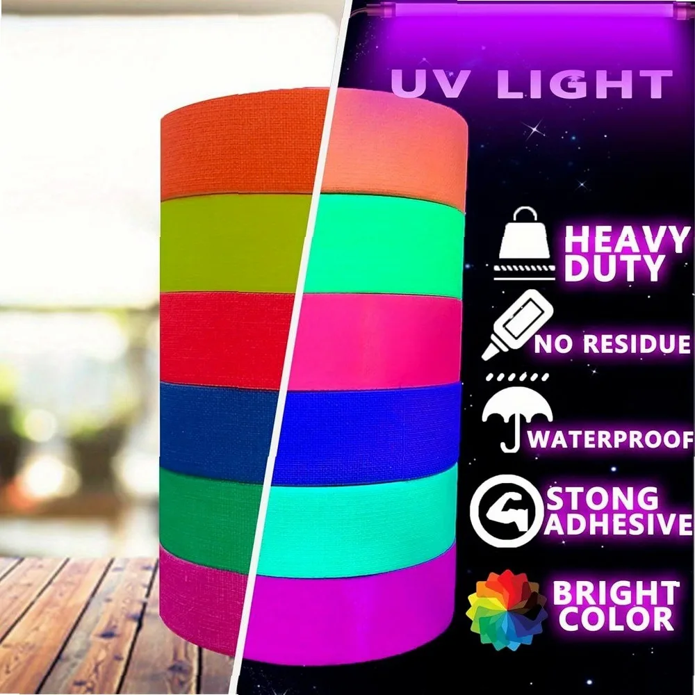 Glow in Dark Tape 6 Rolls Neon Blacklight Tape, Multi-Color Luminous Party Supplies, Heavy Duty Waterproof Adhesive