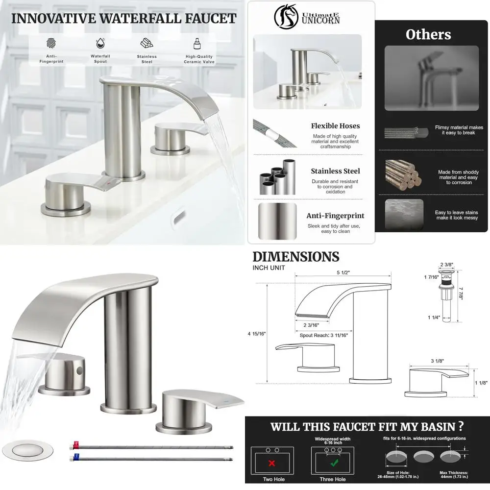 

8 Inch Brushed Nickel Waterfall Faucet with Metal Pop-Up Drain and 2 Hoses for 3-Hole Vanity Sink