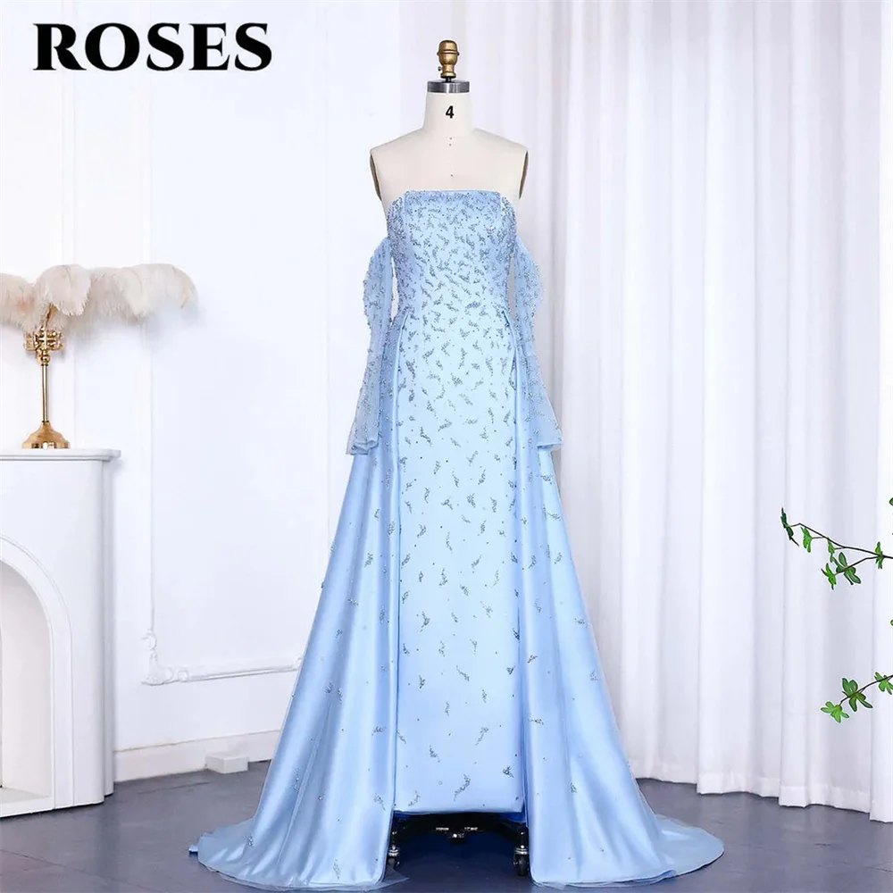 ROSES Blue Elegant Prom Dress Strapless Party Dress Beading Satin Off the Shoulder Mermaid Evening Dress for Woman Customized