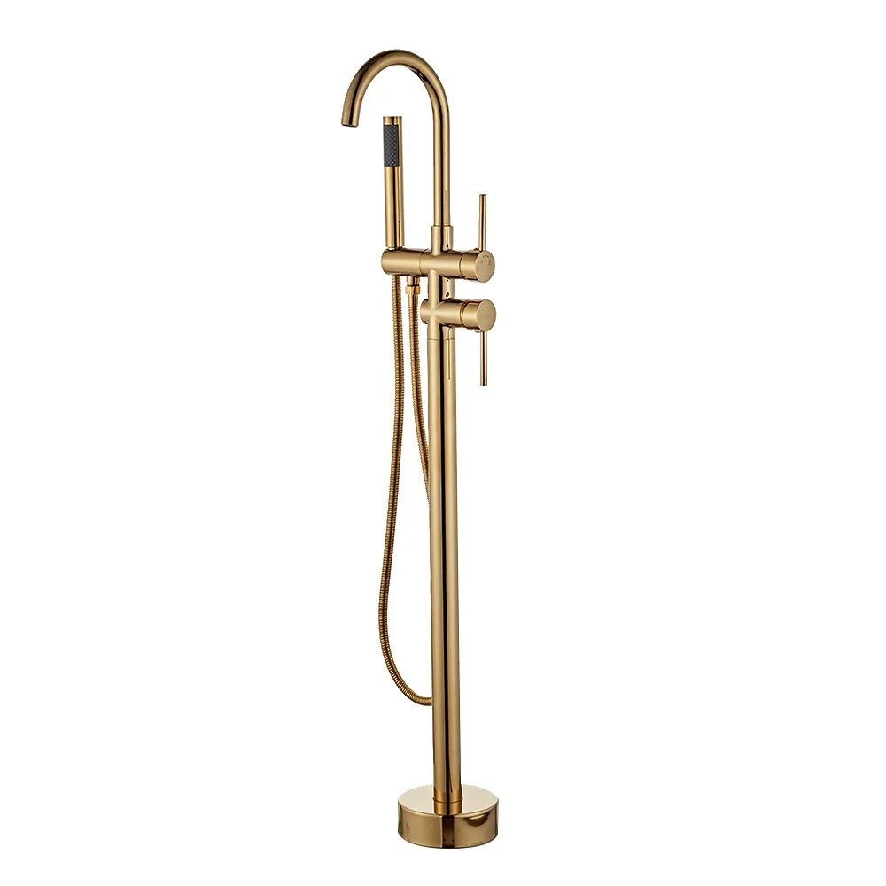 Copper Deck Floor Type Gold Brass Freestanding Classic Double Handle Bathtub Shower Mixer Bathtub Faucet Set