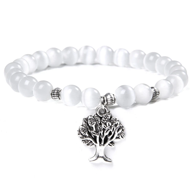 Tree of Life Charm Bracelet Cat Eye Moonlight Stone Beads Elastic Bracelets For Women Men Moonstone Bangle Wrist Jewelry Pulsera