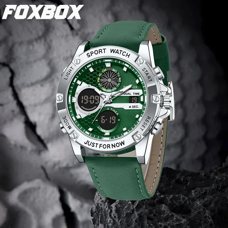 

LIGE FOXBOX модные кожаные часы для электроники ретро спортивные модные повседневные водонепроницаемые военные часы с двойным цифровым будильником мужские часы