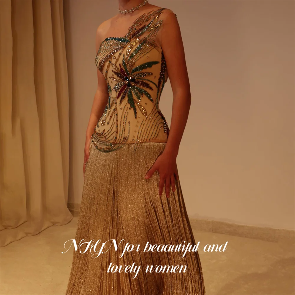 NFYN Champagne Party Dress One Shoulder Evening Dress with Crystal Straight فساتين السهرة for Wedding Tassel Hem Customized