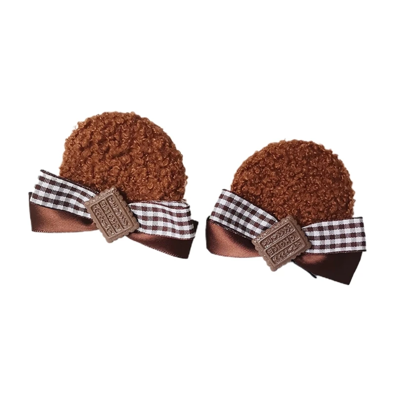 652F 2x Faux Fur Ears Clip Barrette Bowknot Biscuit Hair Accessories Handmade for Halloween Christmas Fancy Party Costume Toy