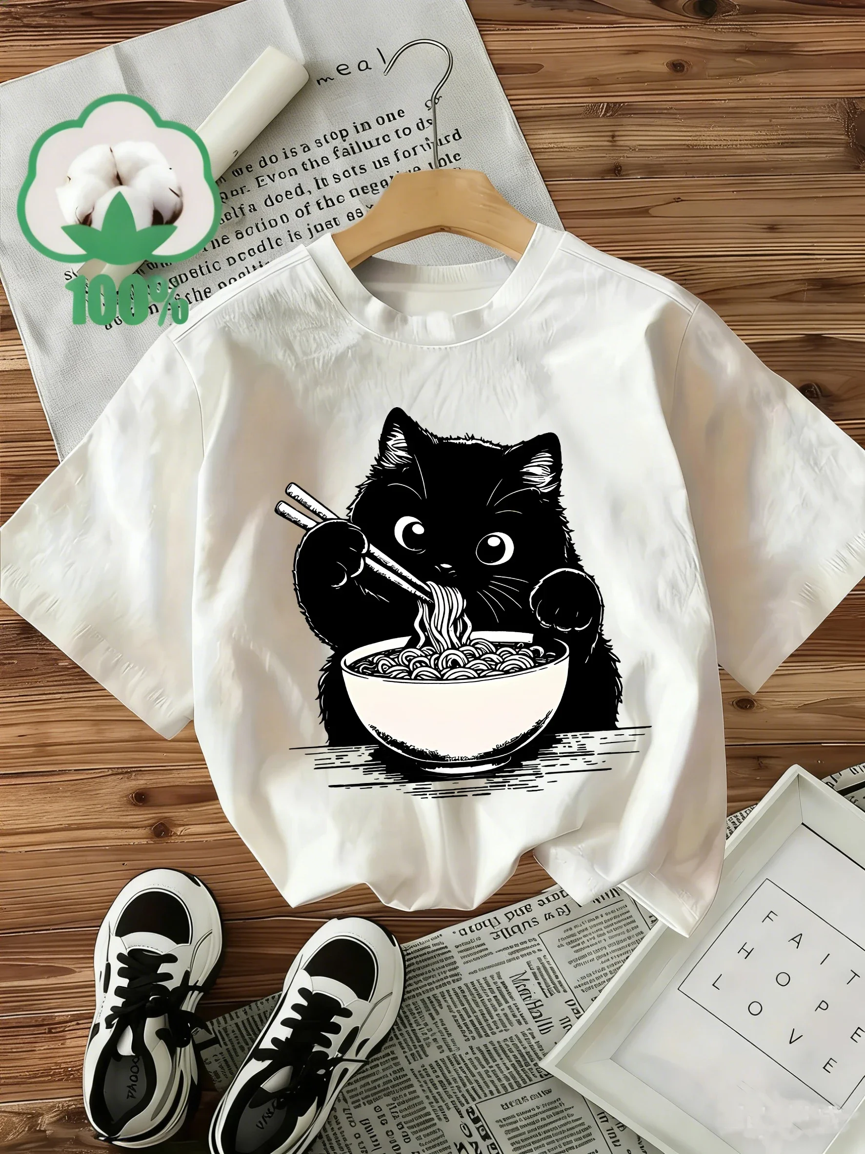 Trendy 100% Cotton T-Shirt Women's Japanese Style Noodle Ramen Cat T-Shirt Graphic Short Sleeve Crew Neck Top Shirt Casual