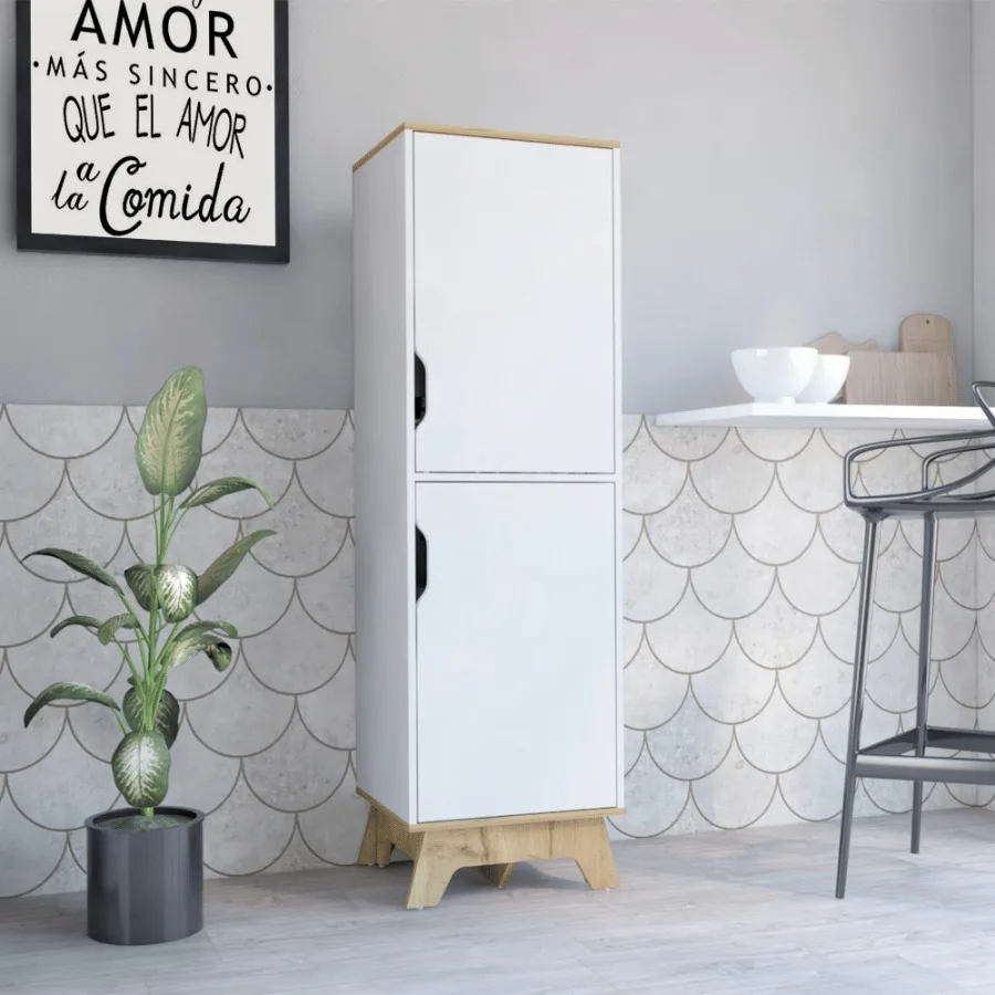 

Single Kitchen Pantry Wallas Four Shelves Two Doors Light Oak White Finish