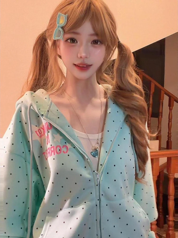 

2000s American Vintage Polka Dot Sweatshirts 2026 New Y2k Sweet Loose Casual Jacket New Spring Fashion Letter Print Hooded Women