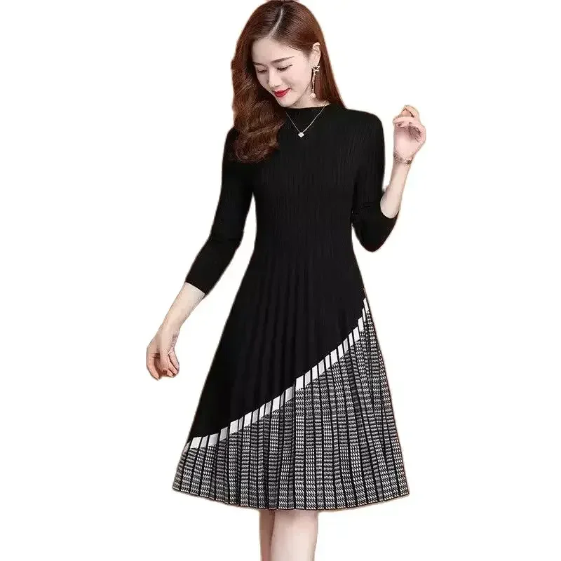 

Fashion Color Matching Sweater Women Dress Autumn Winter New Upscale Medium Long Knitting Wool Bottoming Temperament Dress