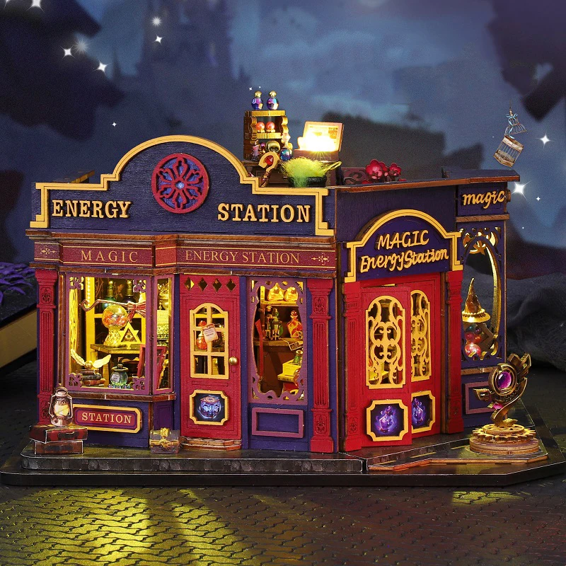 NIEUWE DIY Houten Miniatuur Model Kit Magische Energiestation Casa Poppenhuizen 3D Puzzel Poppenhuis Met Meubels voor Vrienden Geschenken