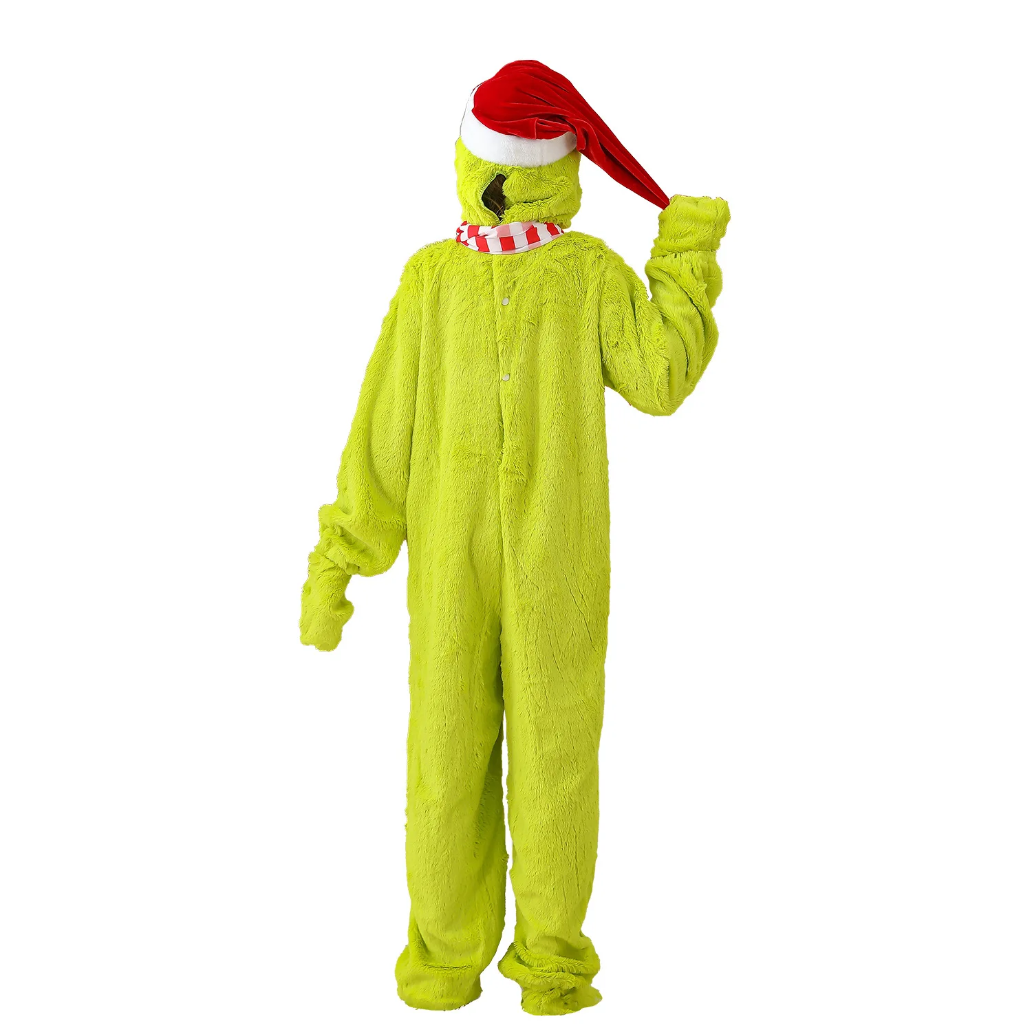 クリスマスグリーンモンスターサンタクロースコスプレ毛皮のようなジャンプスーツグローブフットカバーストライプスカーフ帽子パーティーステージショー衣装新年
