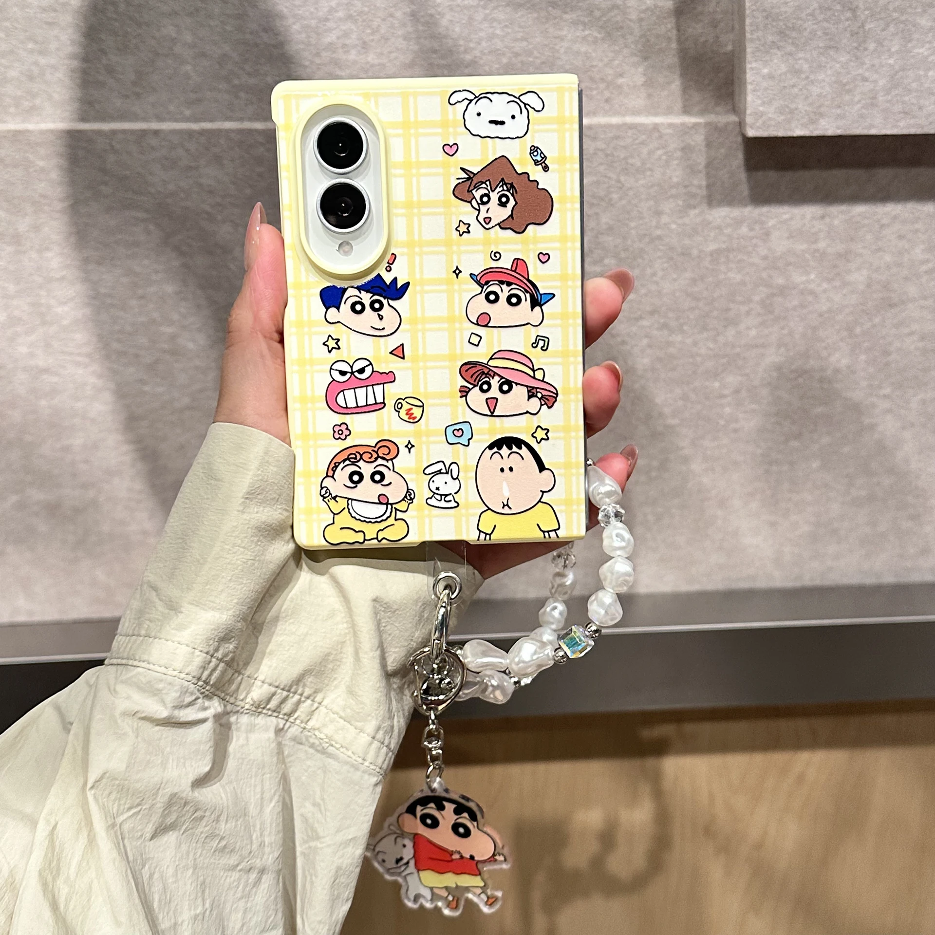 Kawaii Grid Cartoon Boy Pattern Phone Case For Samsung Galaxy Z Fold 8 Z Fold 8 Ultra With Fashion Pearl Beaded Wrist Chain