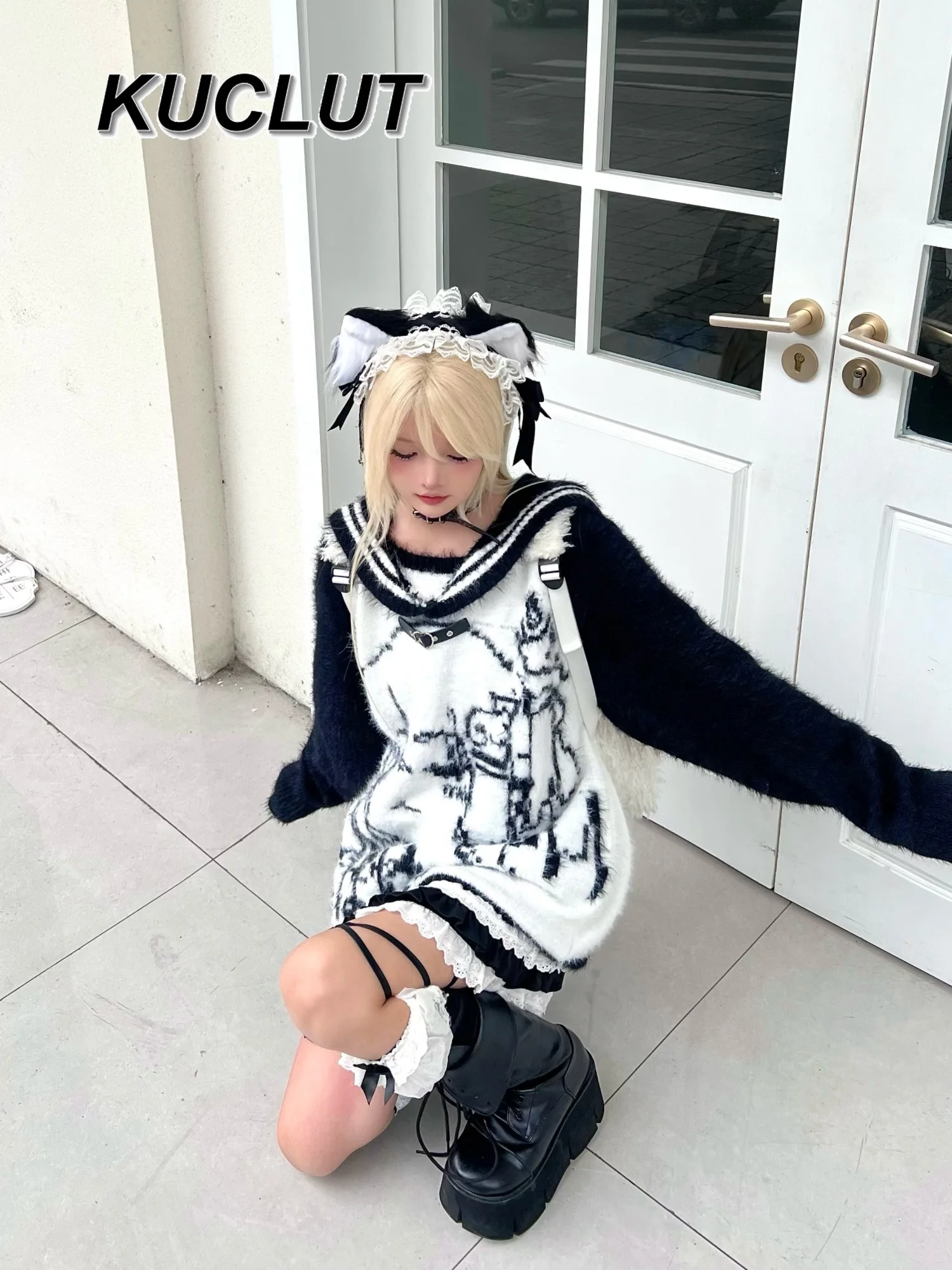 Темно-синий воротник, милая девушка, новинка 2025, осенне-зимние пуловеры, свитера для женщин, японский свободный легкий свитер в стиле панк, топ