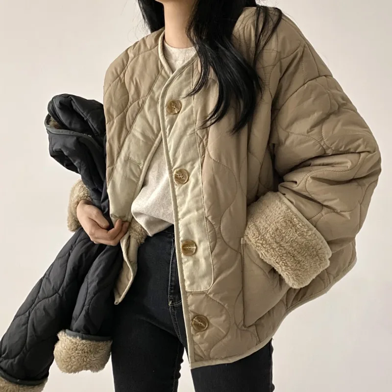 Double-sided Winter All-match Tops Diamond Single-breasted Loose Lamb Wool Cotton-padded Coats 2024 Winter Korean Chic Jackets