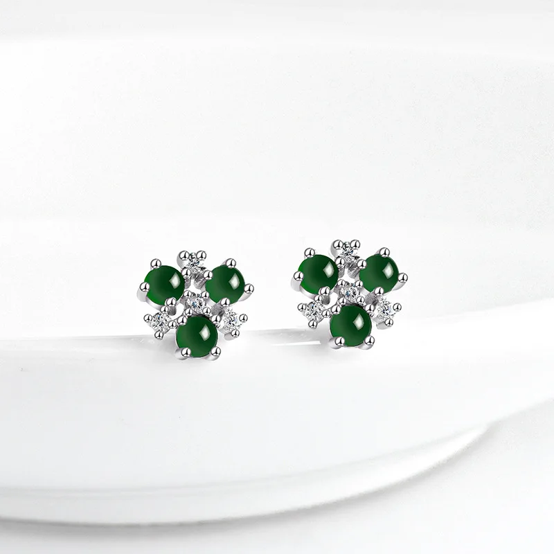 

Three Leaf Clover Jade Earrings Natural A Jadeite Black Jade Fashion Women’s Studs for Luck & Auspiciousness