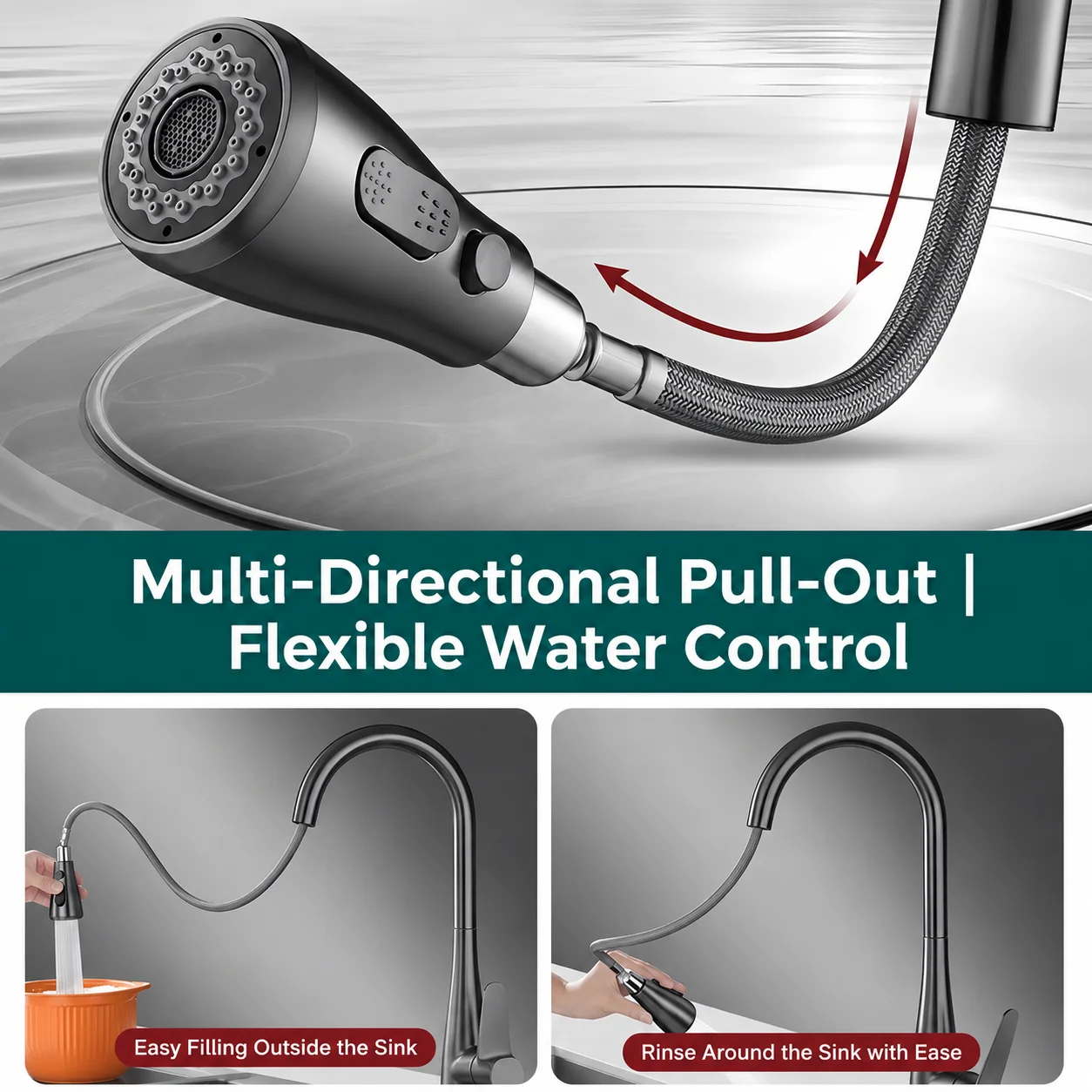 Pull Out Kitchen Faucet 360 Rotation Hot Cold Mixer Tap Dual Spray Modes Stainless Steel Sink Faucet for Kitchen Accessories