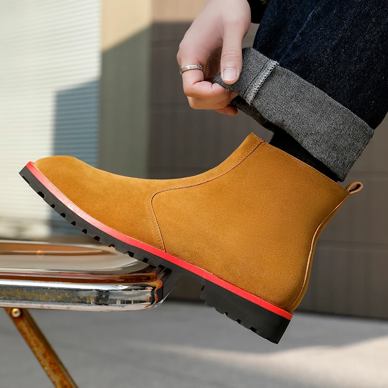 Fashion Side Pulled Chelsea Boots Brand Cowhide Leather High Top Men's Boots British Style Thick Soled Comfortable Travel Boots