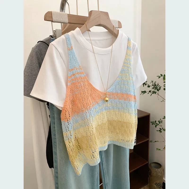 Summer Women's Knitted Short Sleeve T-Shirt Gradient Color round Neck Soft Cotton Basic Style Not Repeating Pattern Fashionable